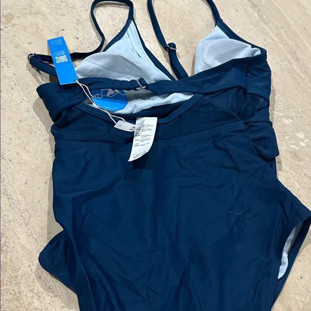 Women's Green V Neck One Piece Navy Floral Swimsuit Lace up Monokini NWT Size S